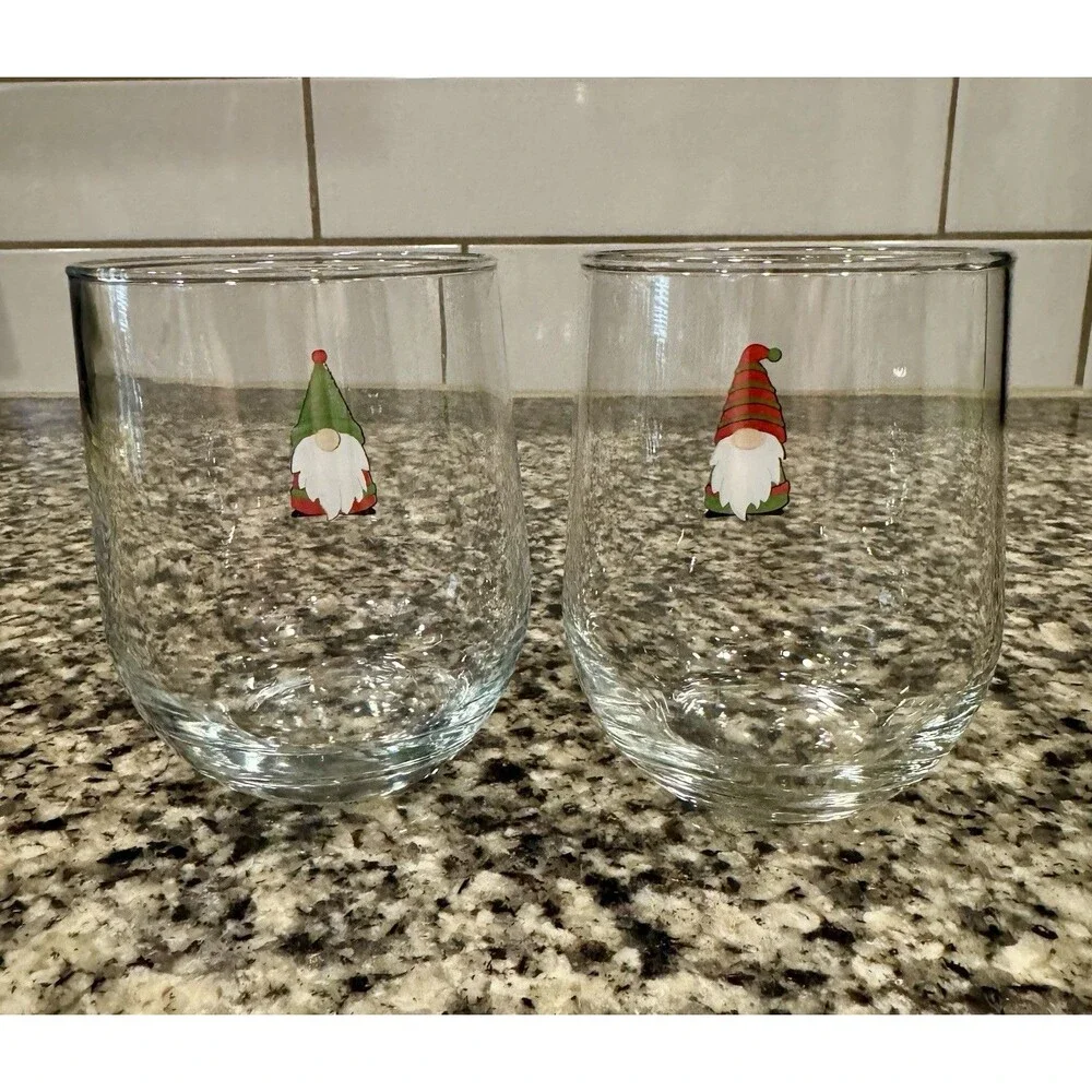 Set of 2 Libbey Glass Christmas Gnomes Stemless Wine Glasses 16.8oz Holiday Fest